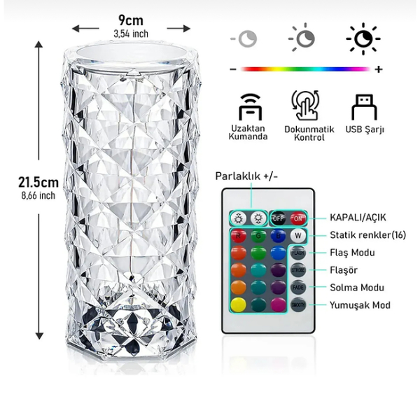 Kristal LED Kumandali Ve Dokunmatik Masa Lambasi 1